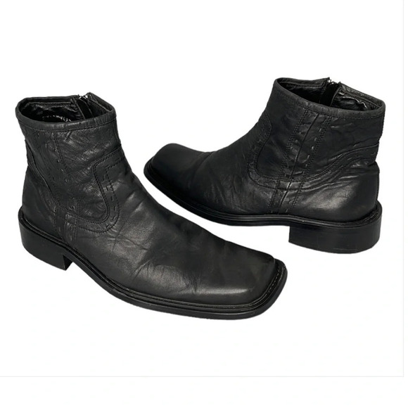 VINTAGE Spring Mens Biliotto Black Square Toe Western Ankle Boots Side Zip 43 - Picture 2 of 12